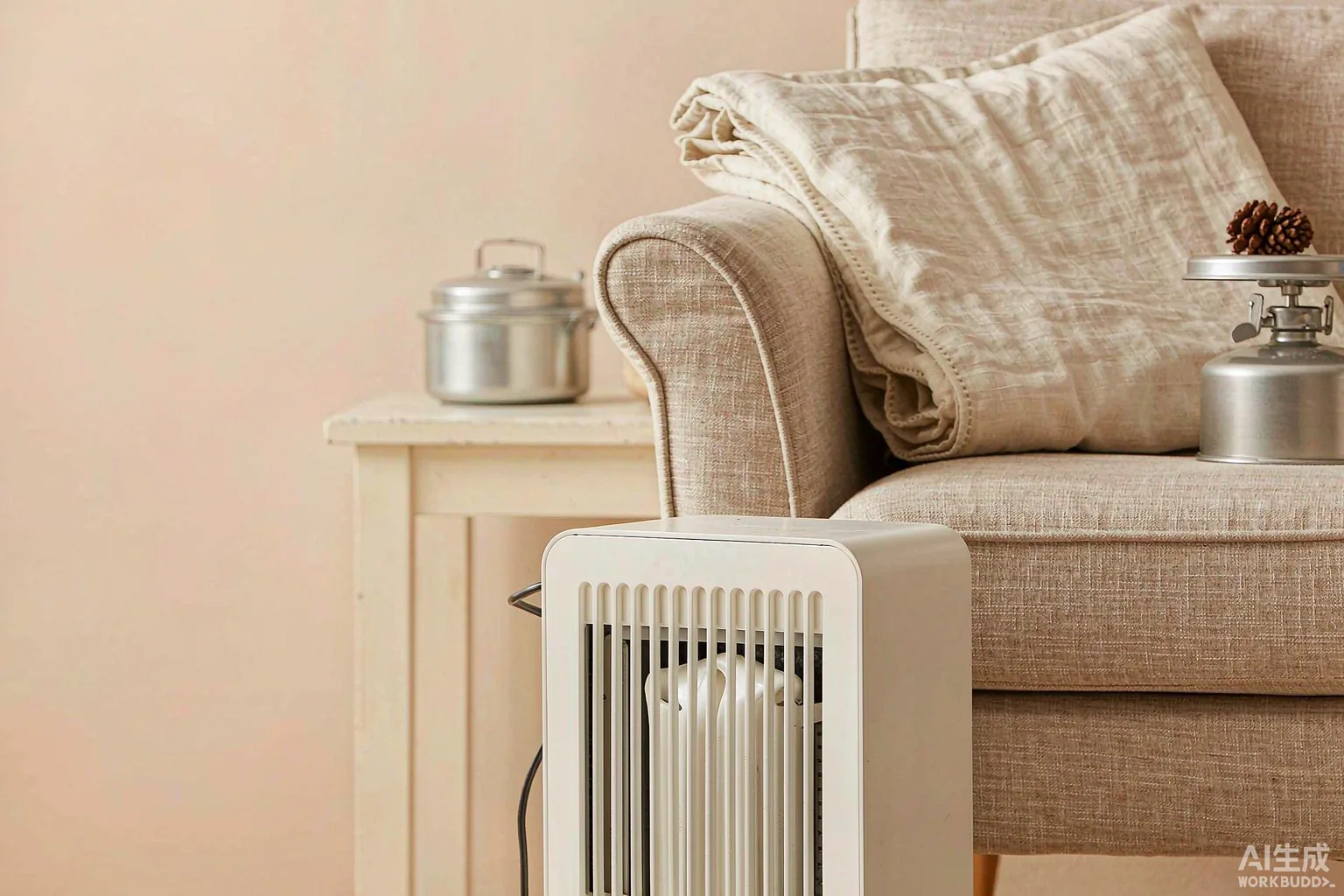 Portable heater and heated throw in a bright modern living room