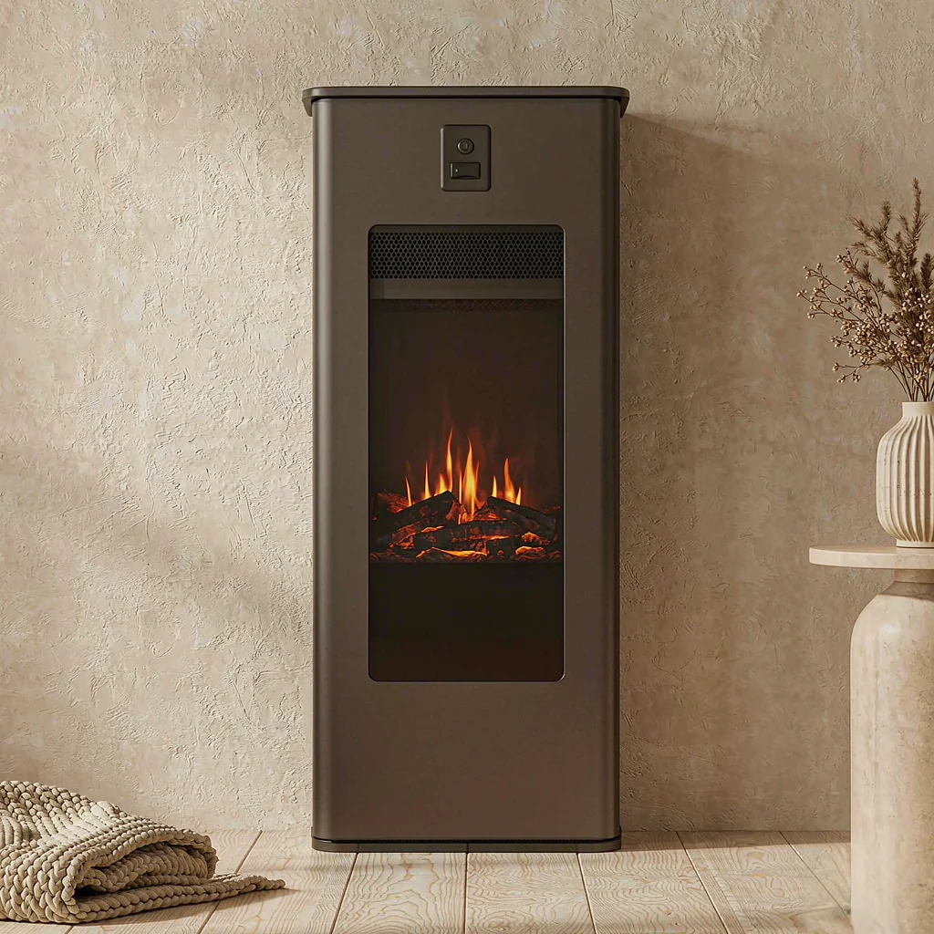 Freestanding electric fireplace heater with a 3D flame effect in a warm minimalist living room