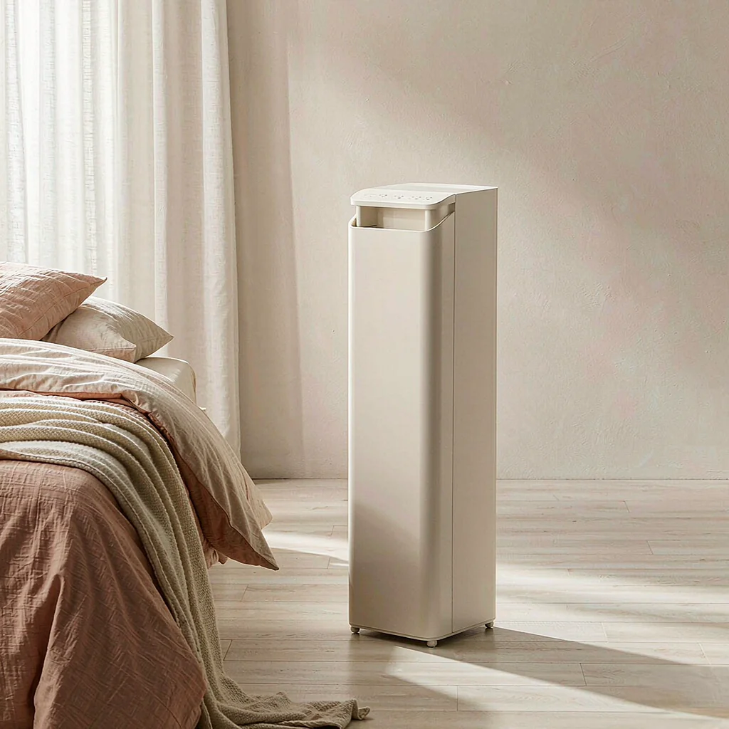 Cream-coloured PTC ceramic tower heater beside a linen bed in a Scandinavian bedroom